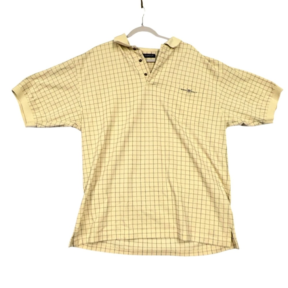 GANT Golf Polo Shirt Mens XL Beige Check 100% Cotton Knit Short Sleeve Golf